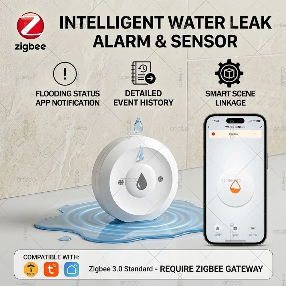 Sensore di perdite d'acqua Zigbee, rilevatore di allagamenti e sovraccarichi per Smart Home, allarme con monitoraggio remoto tramite APP Tuya Smart Life, supporta Home Assistant Z2M