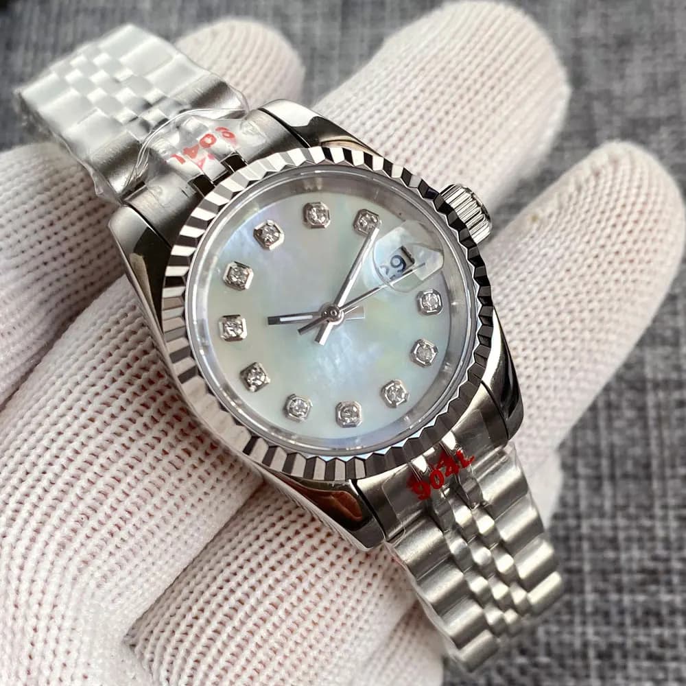 26mm Small Lady Automatic Watch NH05A Movement MOP Dial Curved Fluted Bezel Bracele Band Sapphire Glass Two Tone Rose