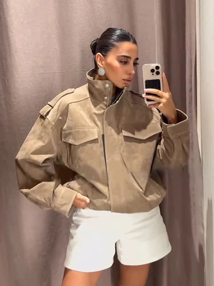 HH Women's Autumn New Fashion Jackets Solid Turtleneck Long Sleeves Pocket Decoration Zipper Female High Street Coats