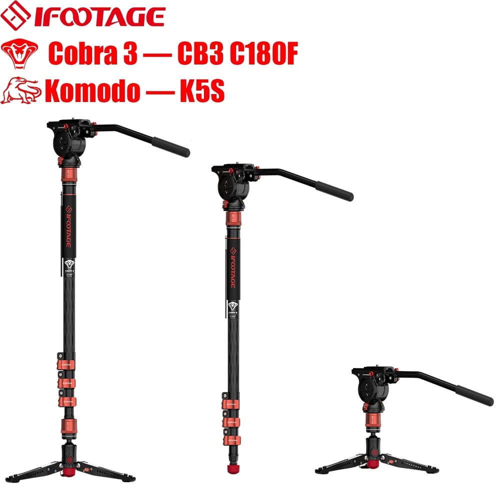 IFOOTAGE Cobra 3 C180F+Komodo K5S 71" Carbon Fiber Monopod with Fluid Head, Portable Travel Monopod with feet Max Load 17.64 lbs