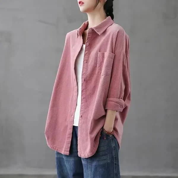 Retro Corduroy Shirt Jacket Women's Spring Autumn Loose Casual Long Sleeve Top Belly Covering Mom Clothes Collar Button up