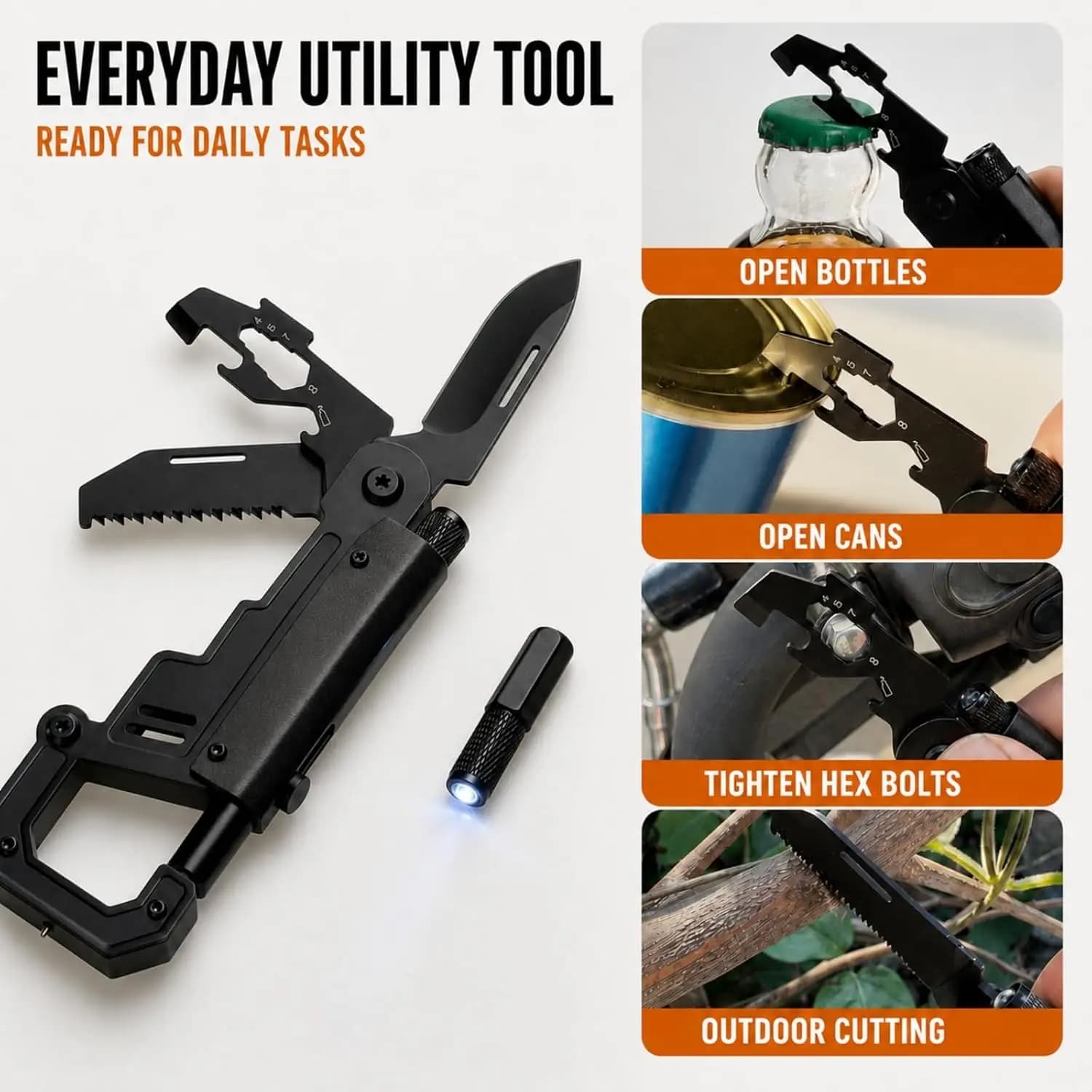 8-in-1 Multi-tool with Detachable Led Light,EDC Multitool,Pocket Knife with Belt Clip, Box Cutter, Can/Bottle Opener, Hex Wrench
