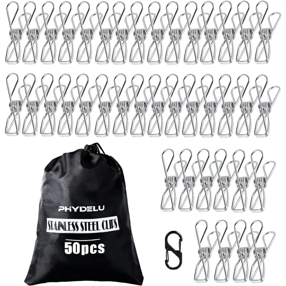 50 Pack Heavy Duty Stainless Steel Clothes Pins for Outdoor Laundry Drying, Rustproof Metal Clothespins with Strong Spring for Hanging Clothes Blankets Towels, Reusable Secure Chip Clips for Food Snack Bags Packaging