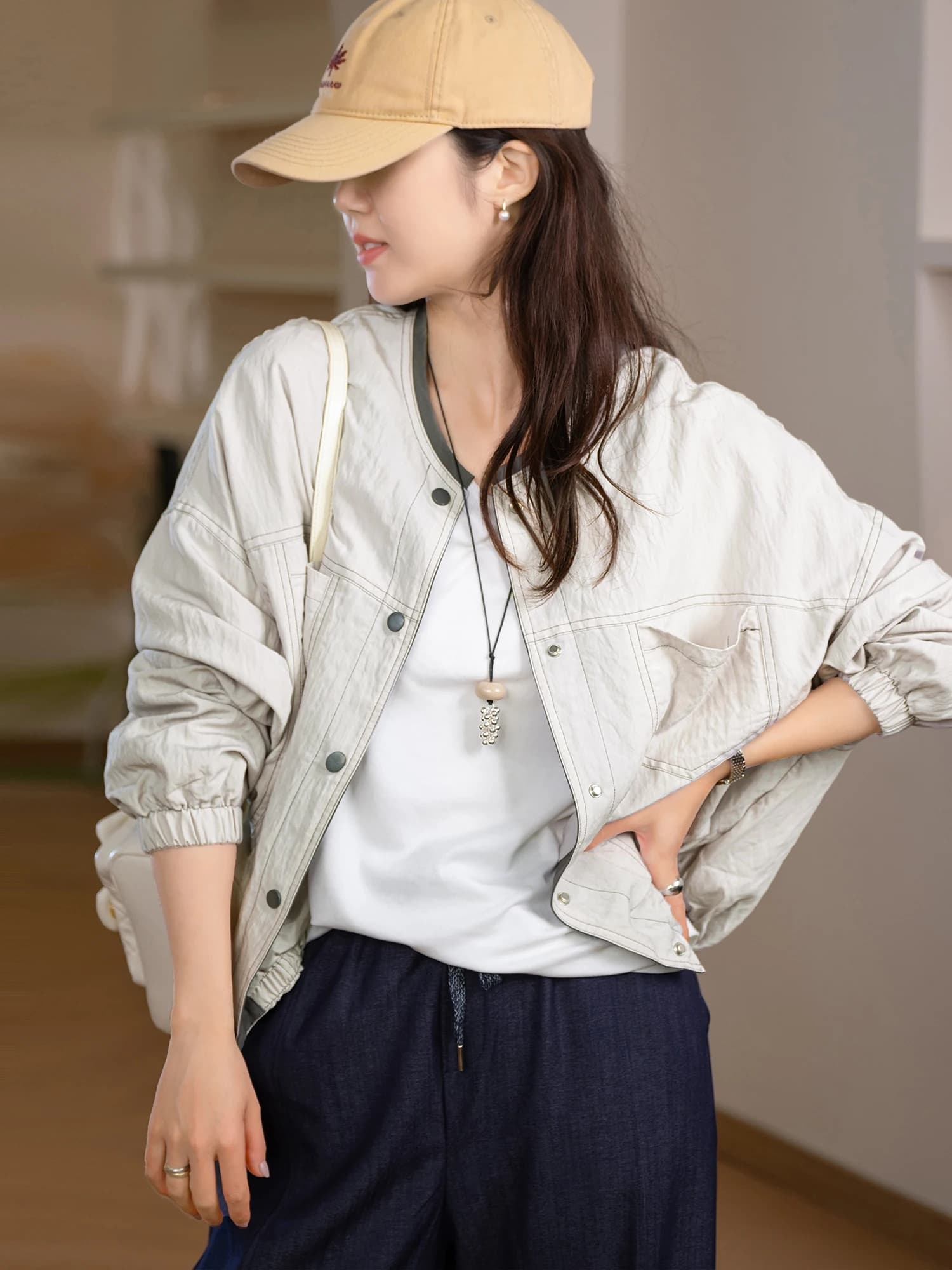 Giacca in cotone Lenzing stile casual con design a vita in carta e colletto color block, capospalla da donna primavera estate