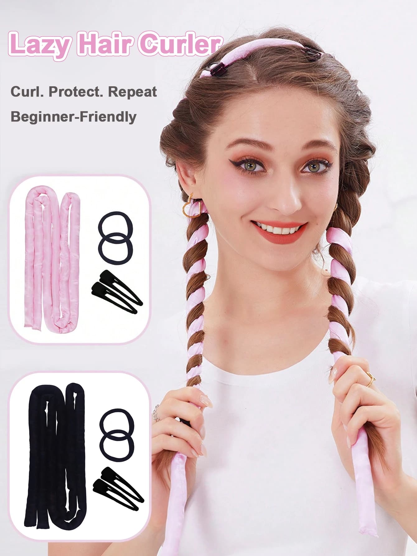Iron lazy hair curler extended from 1.6 meters with fine waves No heat or damage to hair Set of hair sponge hair clips Tool to curl sleep