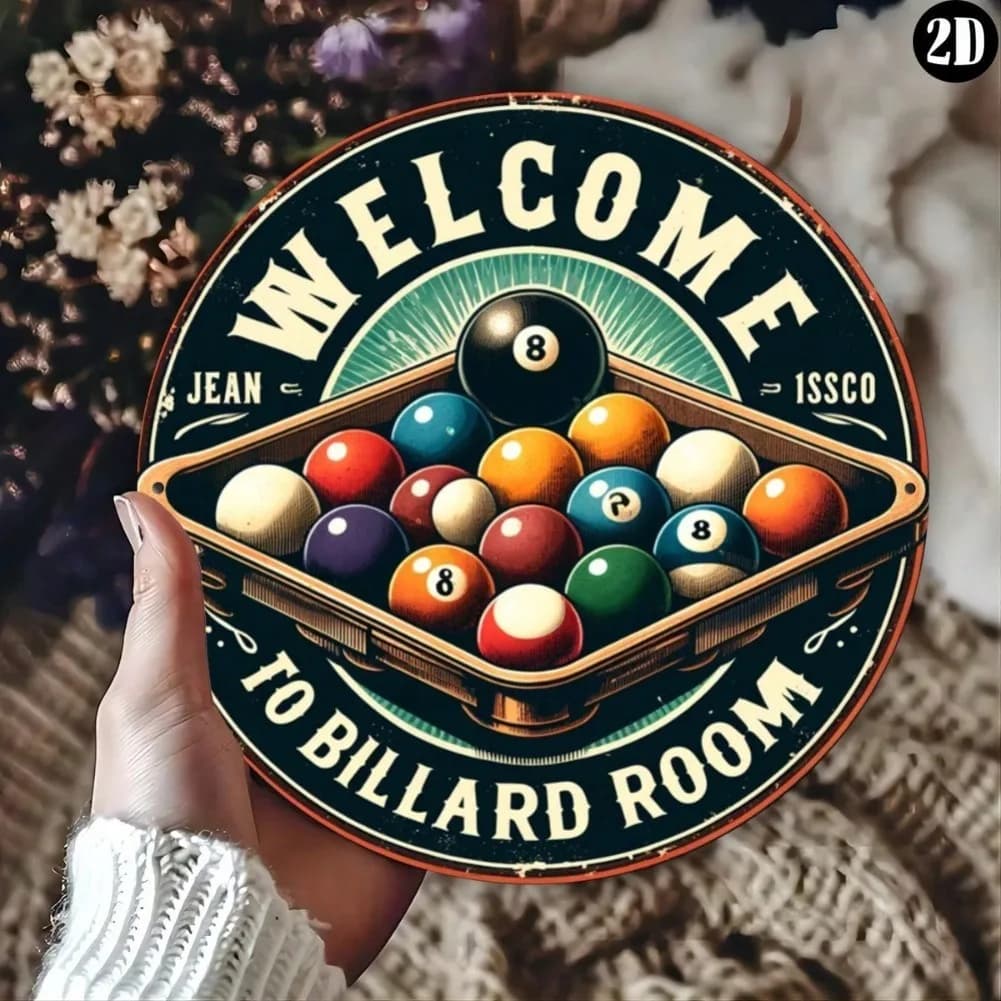 Arte da parete in metallo vintage | Decorazione rotonda per sala da biliardo, 20,32x20,32 cm, stecca da biliardo classica e design con palline per bar, palestre e sale da gioco