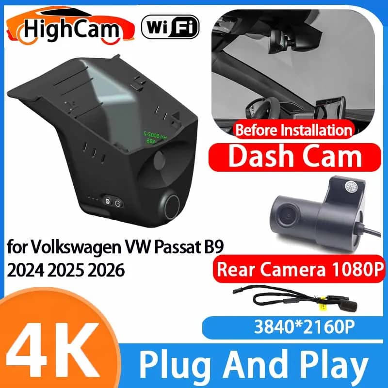 HighCam for Volkswagen VW Passat B9 2024 2025 2026 4K 2160P 256GB Car IMX335 Wifi DVR Video Recorder Dash Cam Front Rear Camera