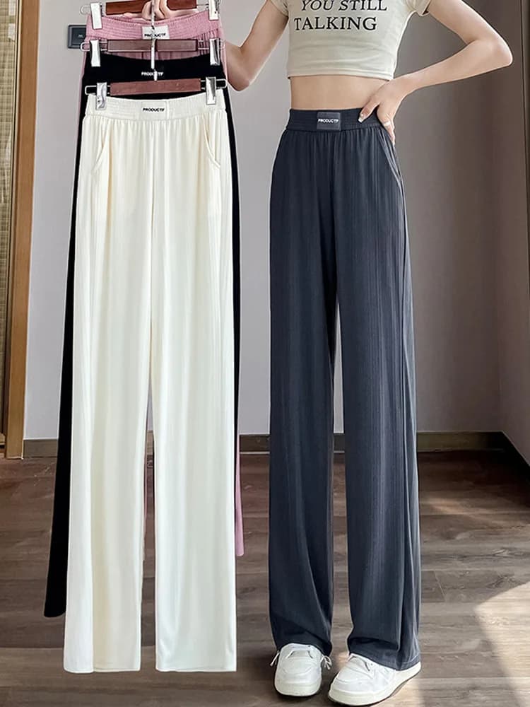 Pantaloni a gamba larga slim da donna a vita alta in seta ghiaccio, casual estivi, lunghi, taglio dritto, taglie forti, che nascono e valorizzano la figura