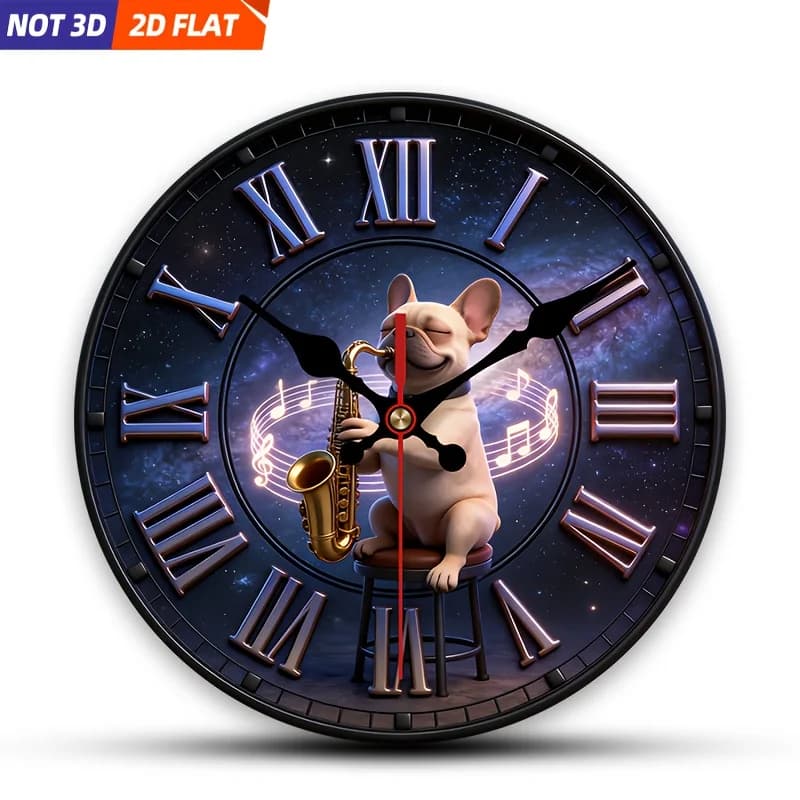 1 orologio da parete piatto 2D a tema cielo stellato Sax Bulldog | Orologio decorativo silenzioso, design creativo, adatto per camera da letto, soggiorno