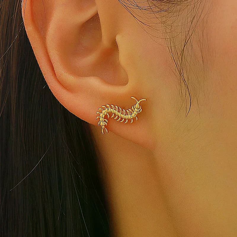 Stainless Steel Centipede Earring Punk Cartilage Spiral Waterproof Stud Earring Not Fading Hypoallergenic Piercing Jewelry