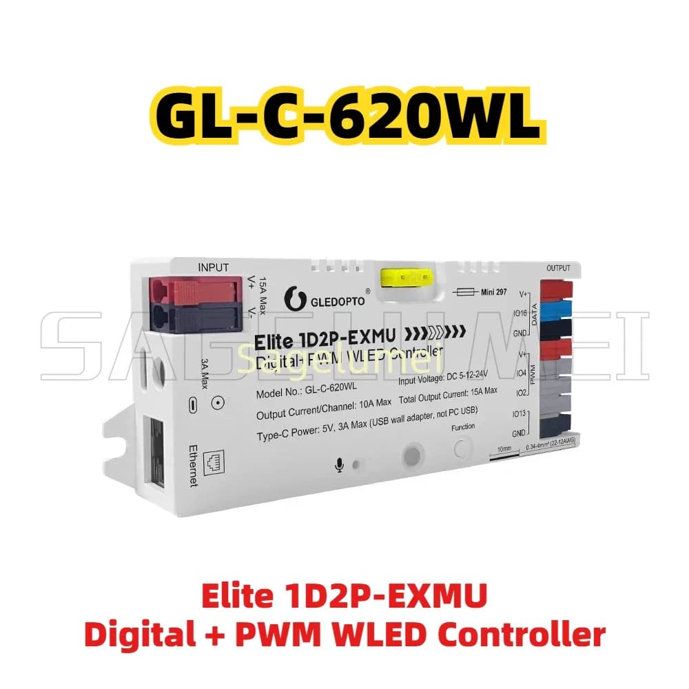 Controller WLED Elite 1D2P-EXMU GL-C-620WL con Relè/Fusibile Integrato, Ethernet, Tipo-C per Strisce LED Digitali RGBIC PWM Monocolore CCT