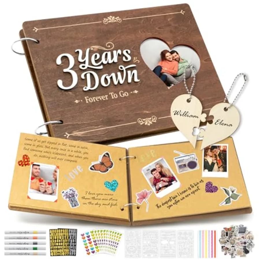 Anniversary Scrapbook - PCS Down Wooden Photo Album Scrapbook Craft Kit with Heart Puzzle Brown Paper Sticker and Template for