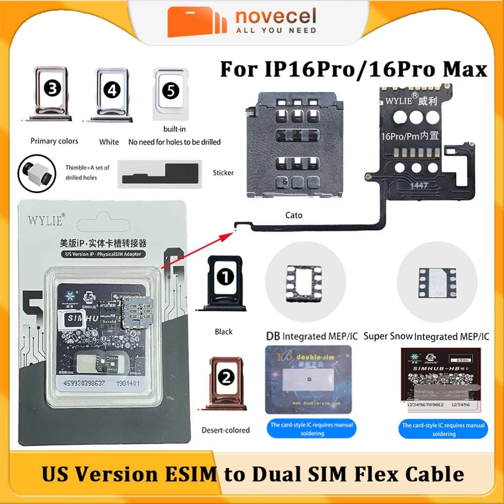 Cavo flessibile di conversione da ESIM a doppia SIM Wylie per iPhone 16 Pro 16 Pro Max versione USA, soluzione di integrazione MEP Snow IC / DB IC