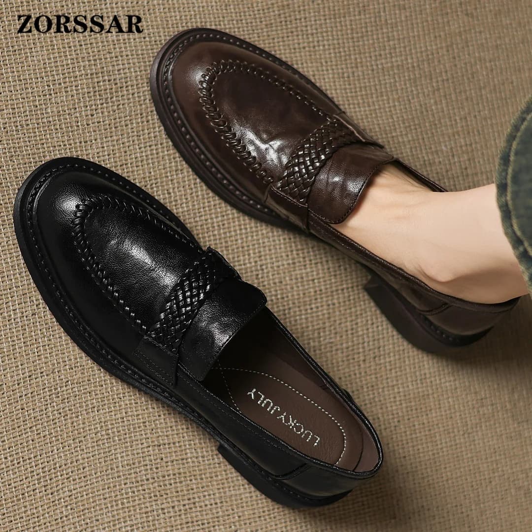 Mocassini da Donna in Vera Pelle con Punta Tonda, Tacco Basso Spesso 4 cm, Casual, per Uso Quotidiano, Taglie Forti 34-41