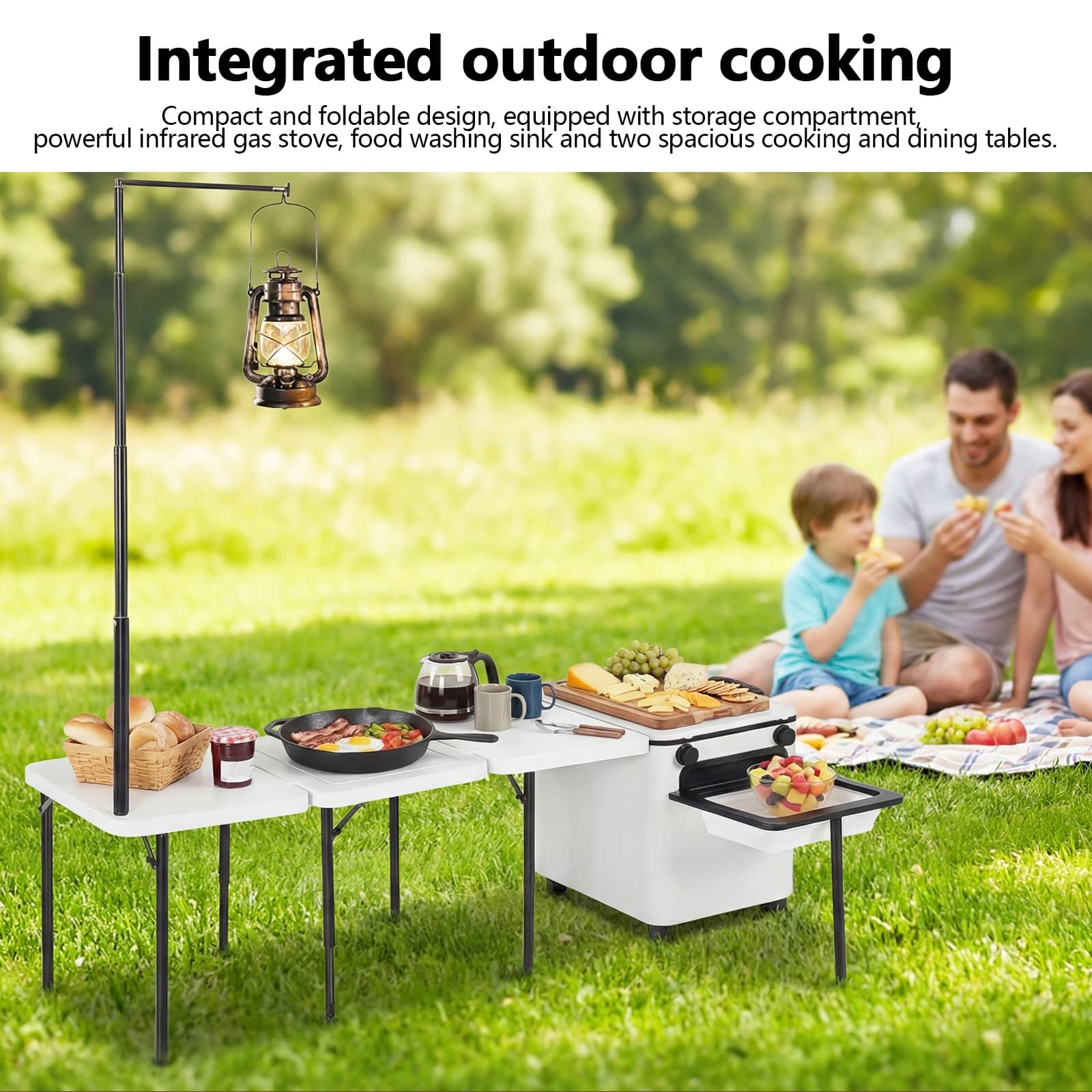 Stazione Cucina Multifunzionale da Esterno con Ruote, Postazione di Cucina Mobile con Pali per Illuminazione per BBQ Domestici, Tailgate e Cene all'Aperto