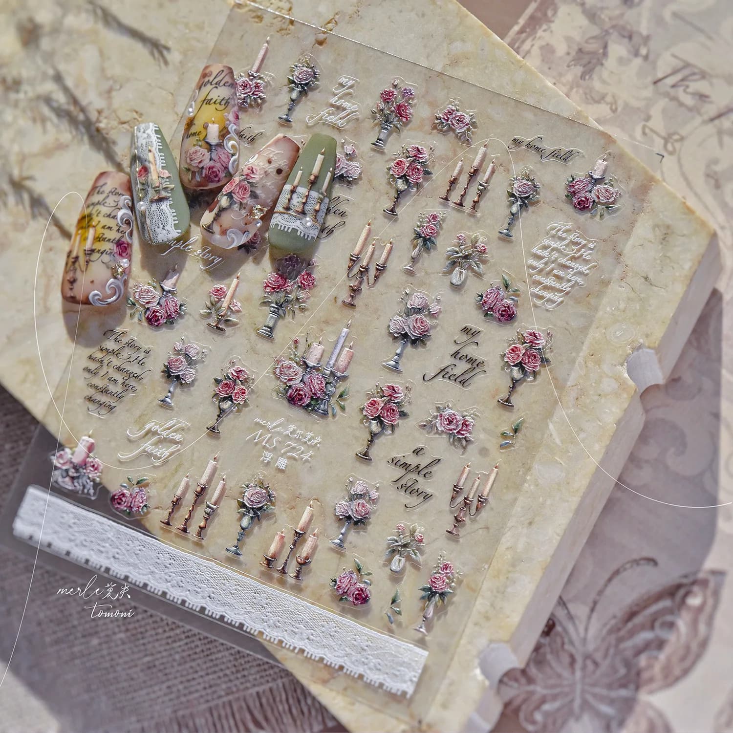 Romantic candle holder with Pink Rose Flowers in Lace, Bow and Tape, Polished Nail Stickers for Manicure