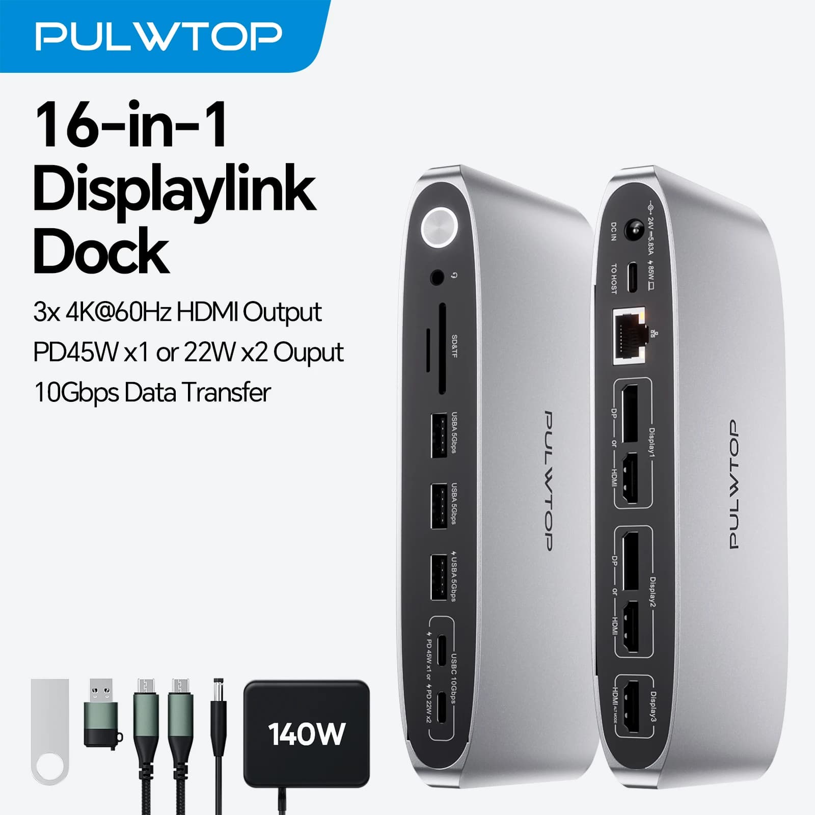 Docking Station DisplayLink PULWTOP per Triplo Monitor con Alimentatore da 140 W, Dock USB C 4K@60Hz per Windows/Macbook, 3 HDMI e 2 DP