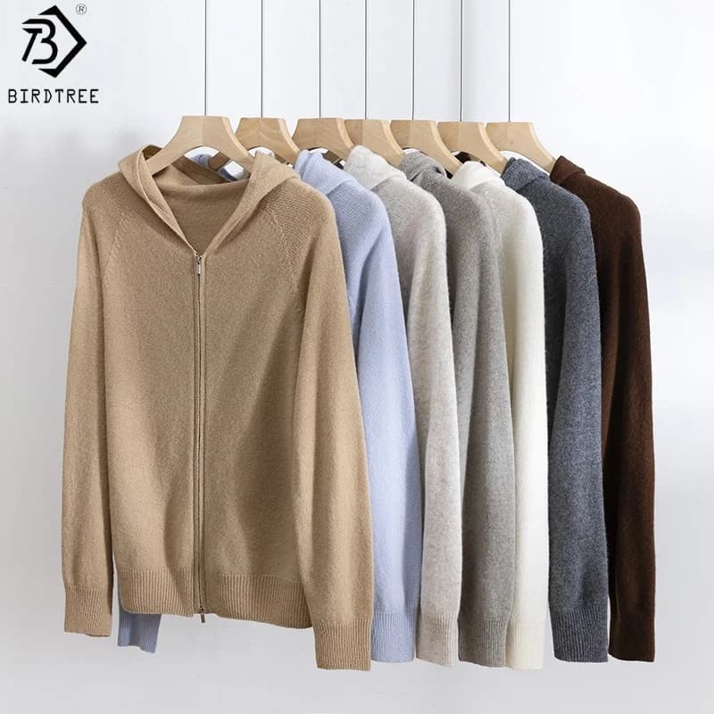 Cardigan lavorato a maglia con cappuccio in lana di pecora 100% Birdtree, felpe con cappuccio a maniche lunghe con cerniera da donna, maglione con fondo morbido autunnale 2025 T59828JF