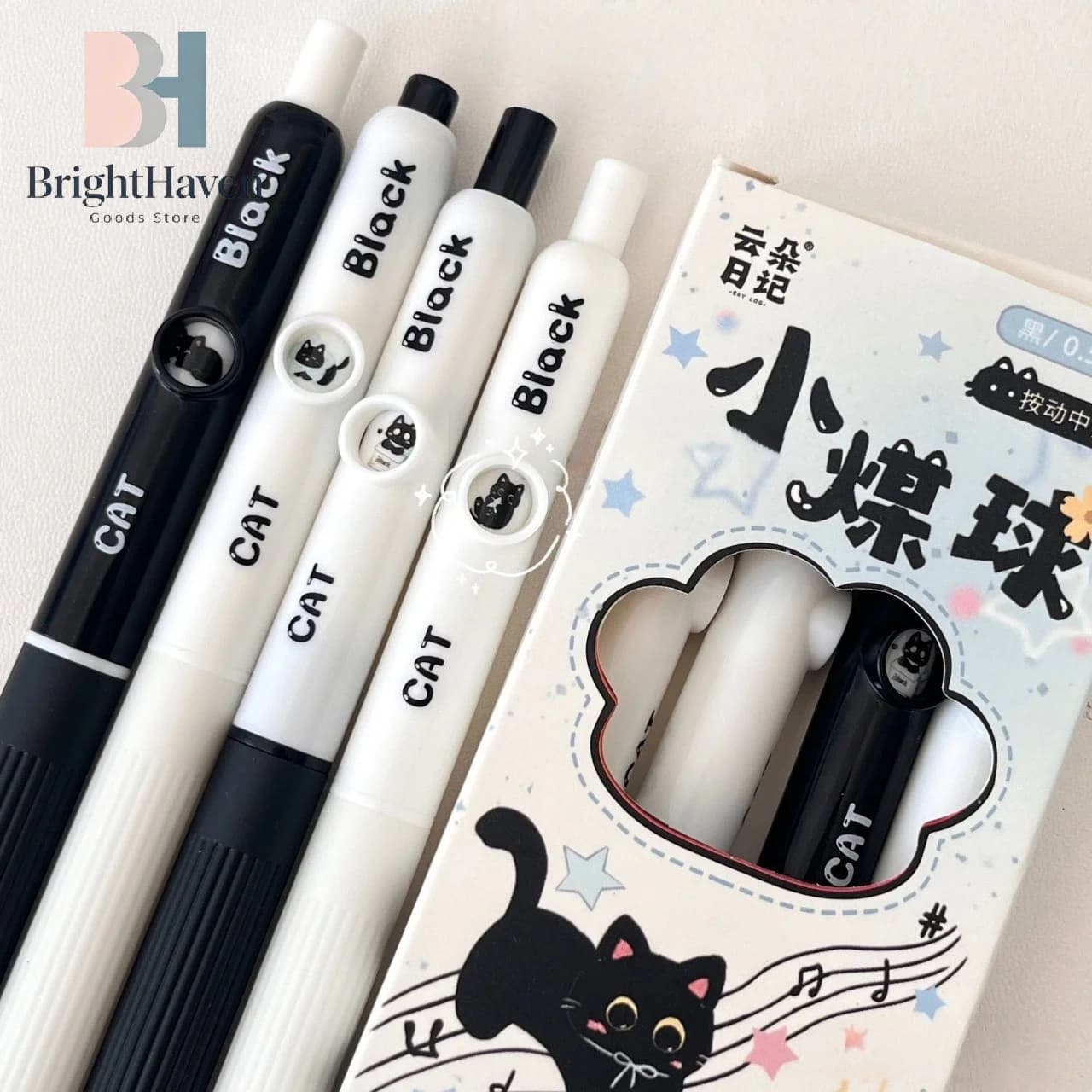 4Pcs Kawaii Cat Pattern Gel Pens 0.5mm Quick-Dry Black Ink-Smooth Writing Retractable Pens School Stationery Birthday Gift B.H