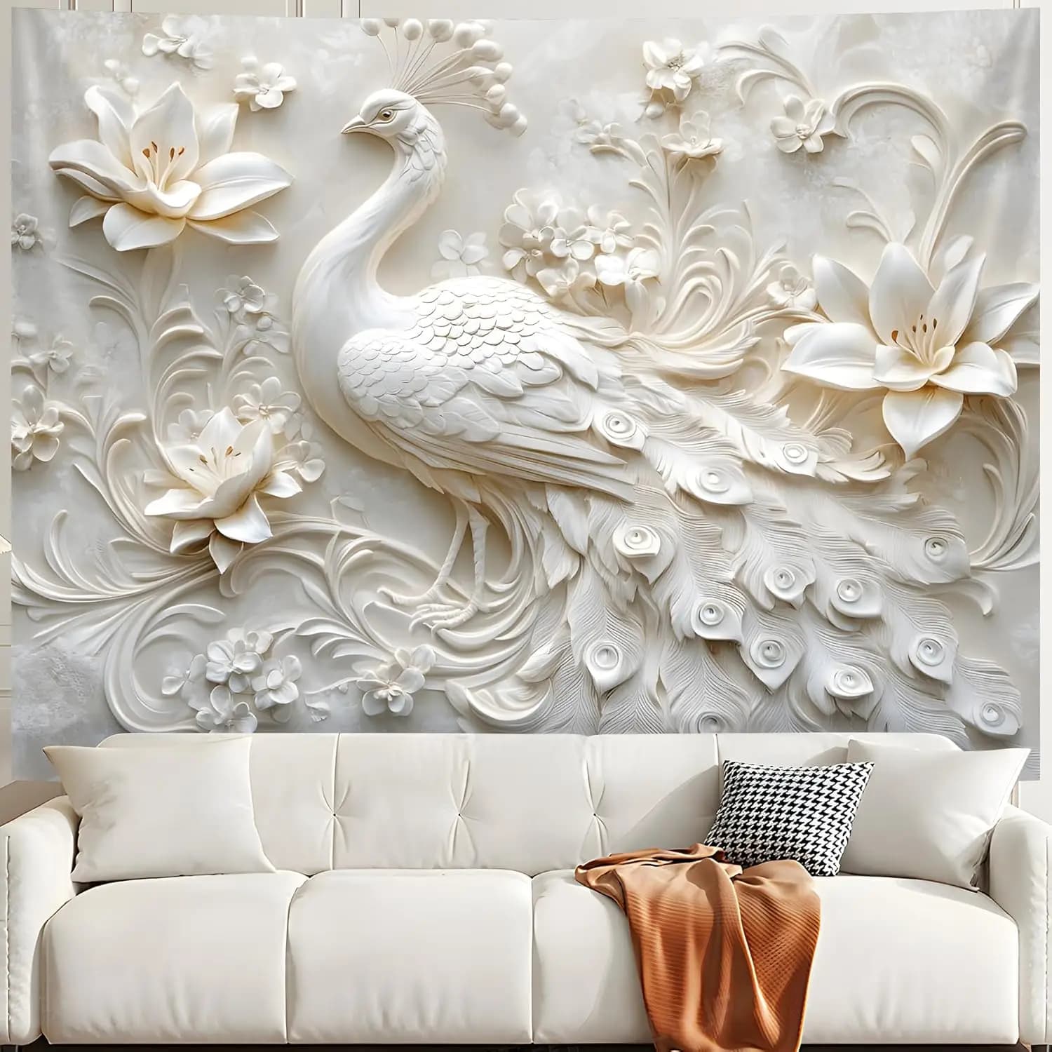 White Peacock Tapestry, 3D Embossed Lily Flower Wall Hanging for Bedroom Living Room, Elegant Floral Aesthetic Home Decor