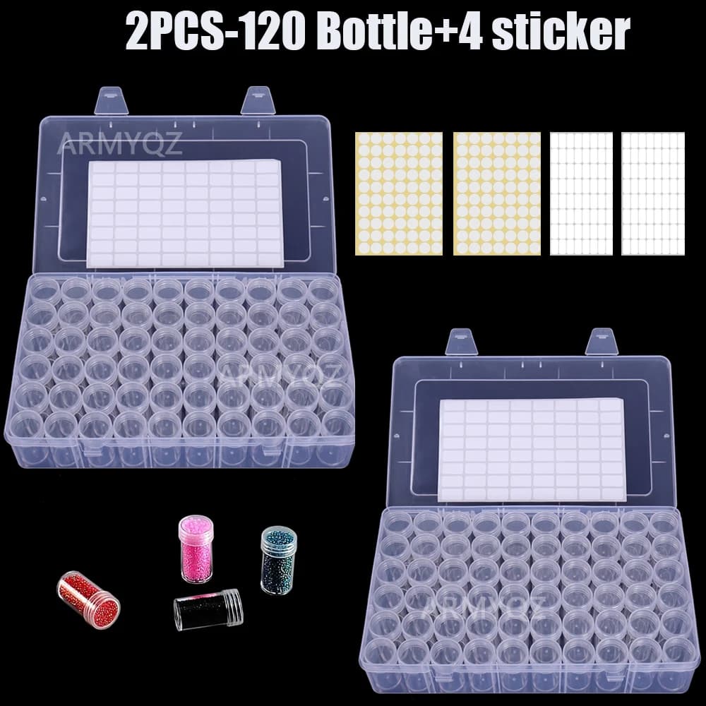 Scatola di Plastica per 120 Bottiglie per Diamond Painting e Artigianato - Organizzatore Portatile per Perline, Chiodi e Piccoli Oggetti + 2 Adesivi