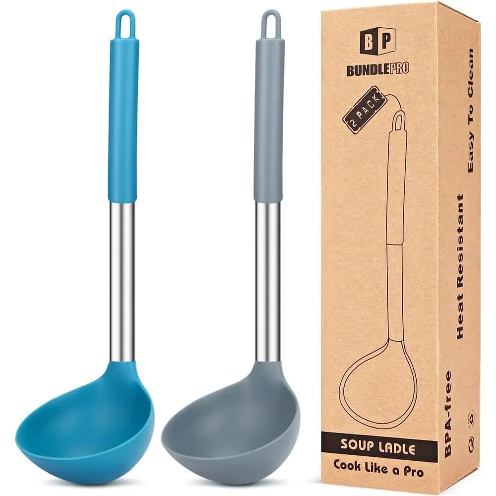 Silicone Large Ladle Spoon Set, Non-Stick, High Heat Resistant, BPA-Free Kitchen Utensils for Stirring and Serving Soups (Grey-B