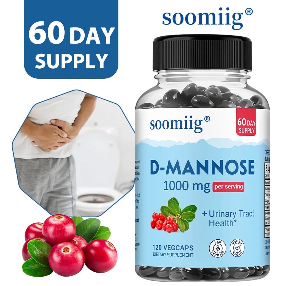 D-Mannosa 1000mg + Capsule di mirtillo rosso 120pz, Supporto per il tratto urinario vegetariano, Pulizia della vescica, Promuove la salute digestiva