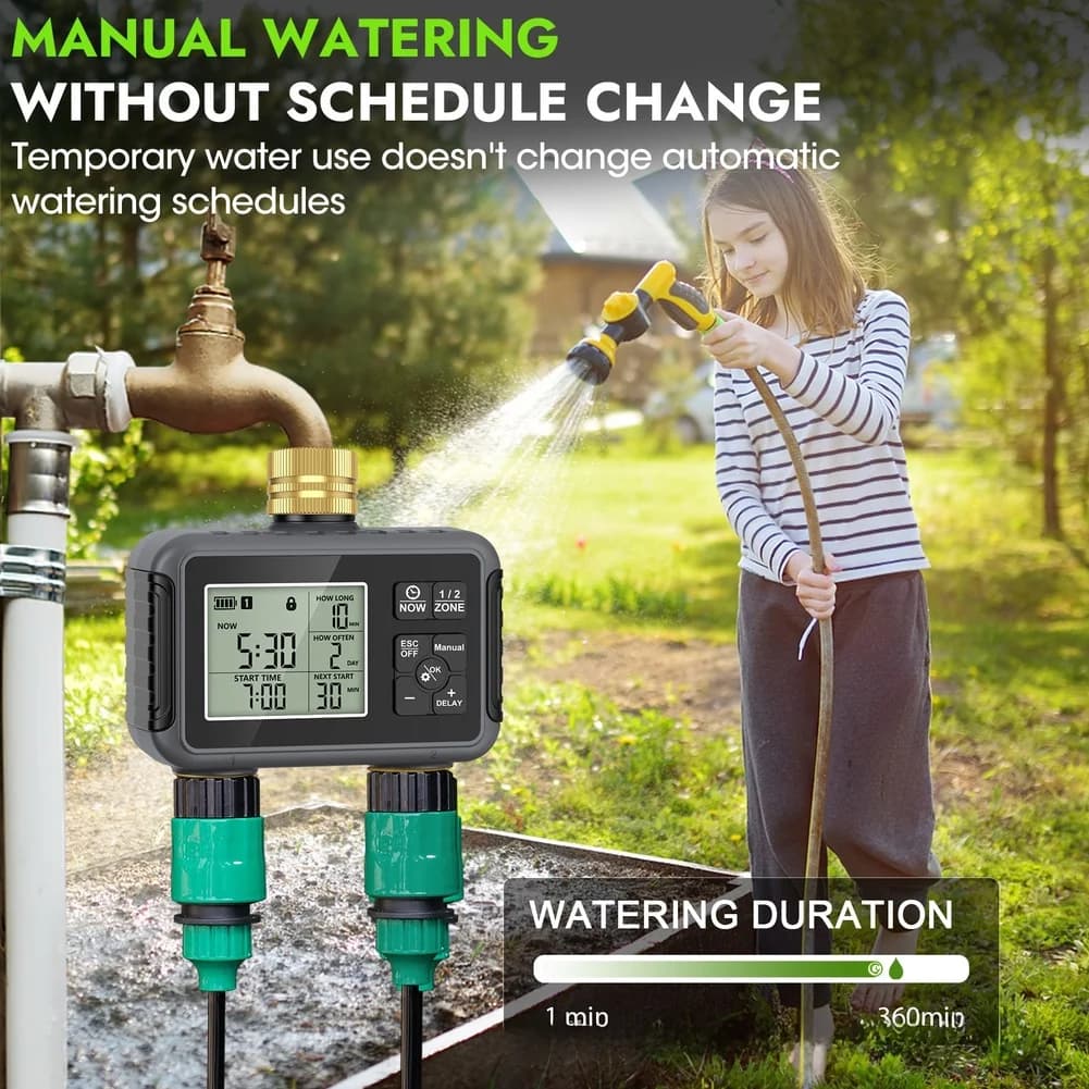 Controller Intelligente per Irrigazione Giardino con Doppia Uscita, Ritardo Pioggia 1-15 Giorni, Avviso Batteria Scarica a 2.5V e Blocco Bambini per Sicurezza