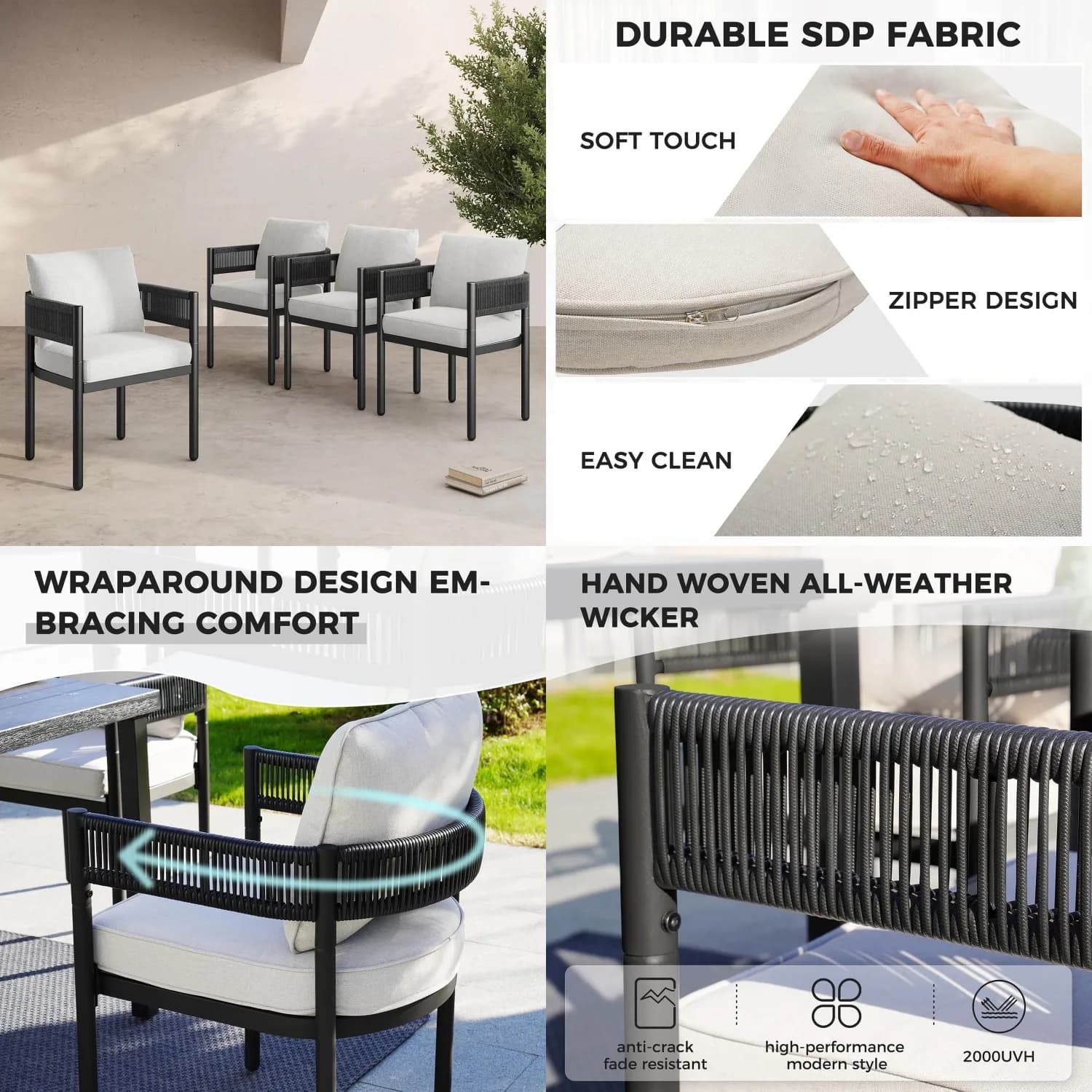 Set di Sedie da Pranzo in Metallo Intrecciato per Esterni con Cuscini Grigi, per Cortile, Terrazza, Giardino, Veranda, Prato, Bordo Piscina, 4 Pezzi, Personalizzabile
