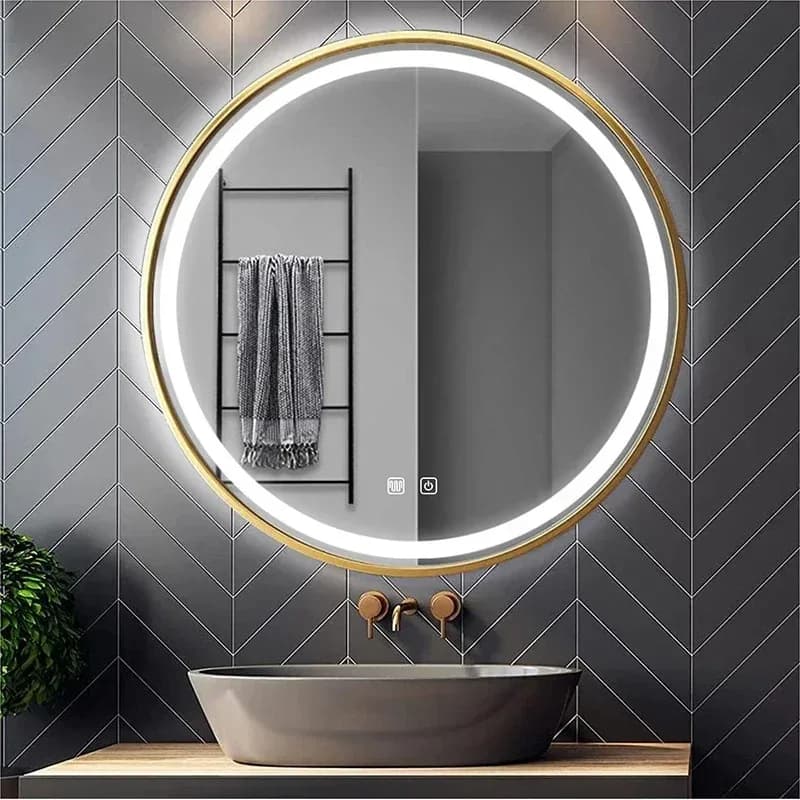 60/70/80cm LED Smart Gold Frame Round Makeup Bathroom 3 Color Backlit Defogging Dimmer Vanity Mirrors