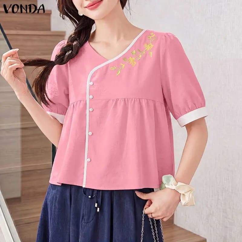 Short Sleeve Tops Summer VONDA Women Blouses Patchwork Floral Blusas Fashion V Neck Tee Streetwear Tunic Oversize S-3XL