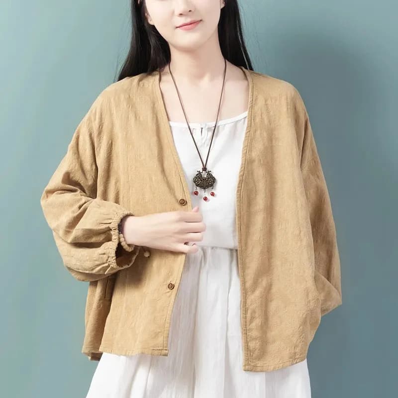 Women Linen Textured Cardigan Sunscreen Shirt Loose Batwing Long Sleeve Short Outwear Casual Open Front Outerwear CH-302