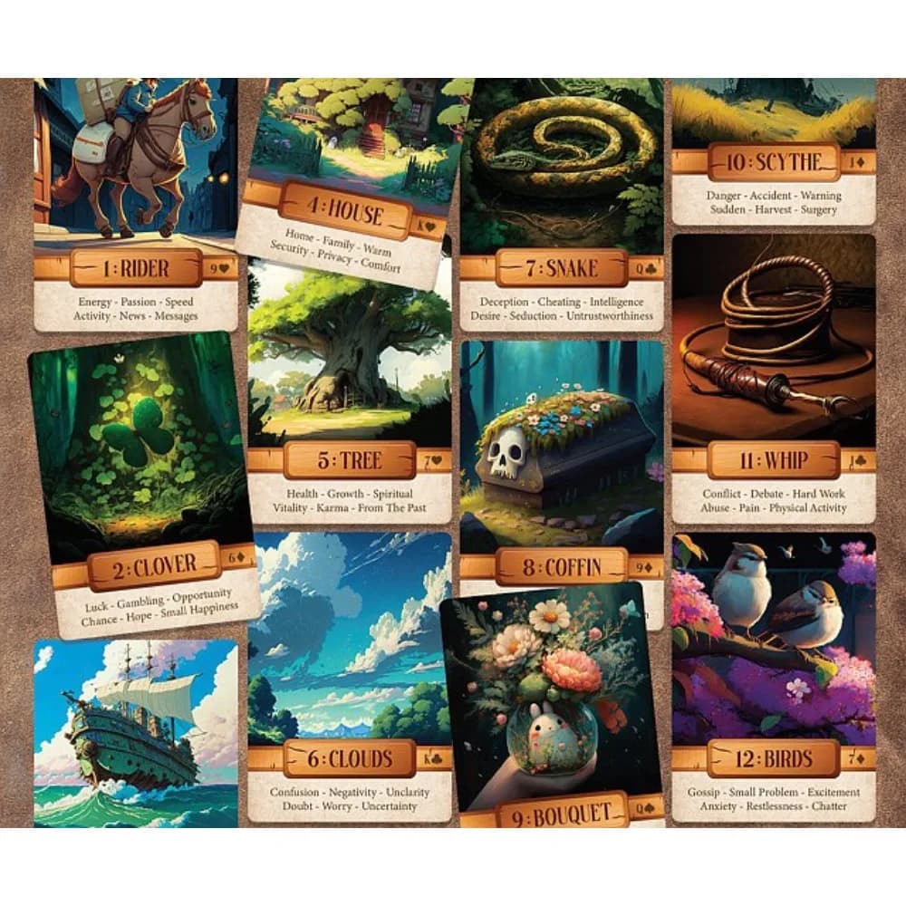 Le Claire Lenormand da 10,4 * 7,3 cm Un unico mazzo da 36 carte che presenta affascinanti personaggi dei cartoni animati in stile Ghibli