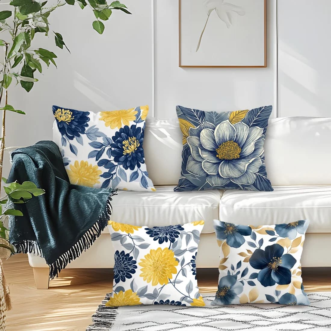 Set di 4 Copricuscini Moderni con Stampa Floreale Monofacciale 40/45/50CM, Federe Decorative per Divano e Arredamento Casa