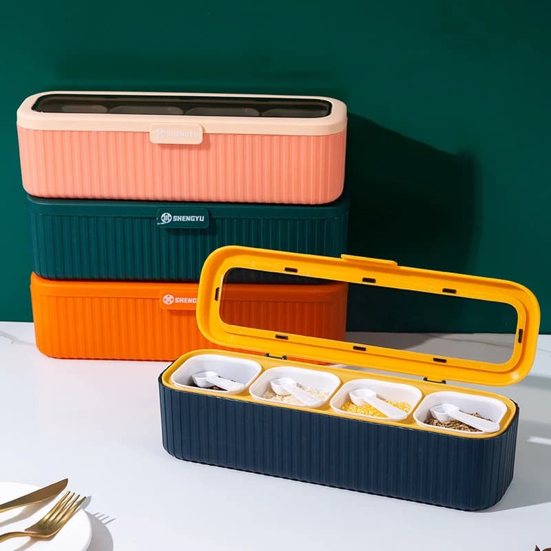 Four Compartment Kitchen Seasoning Box Set with Spoon Spice Storage Container Household Organizer JJ2365