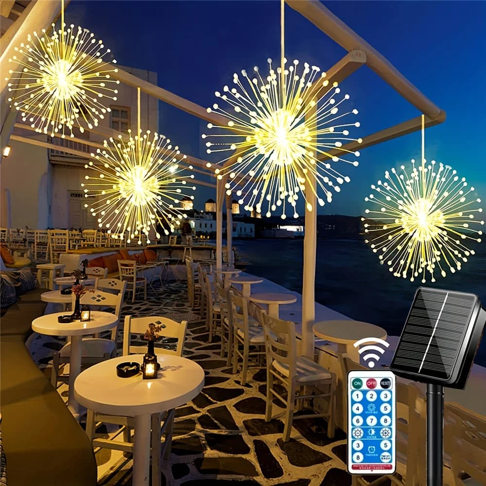 Luce solare sospesa per fuochi d'artificio 360/480 Led Star Burst Light Outdoor impermeabile 8 modalità Eave Garden Tree Luce decorativa natalizia