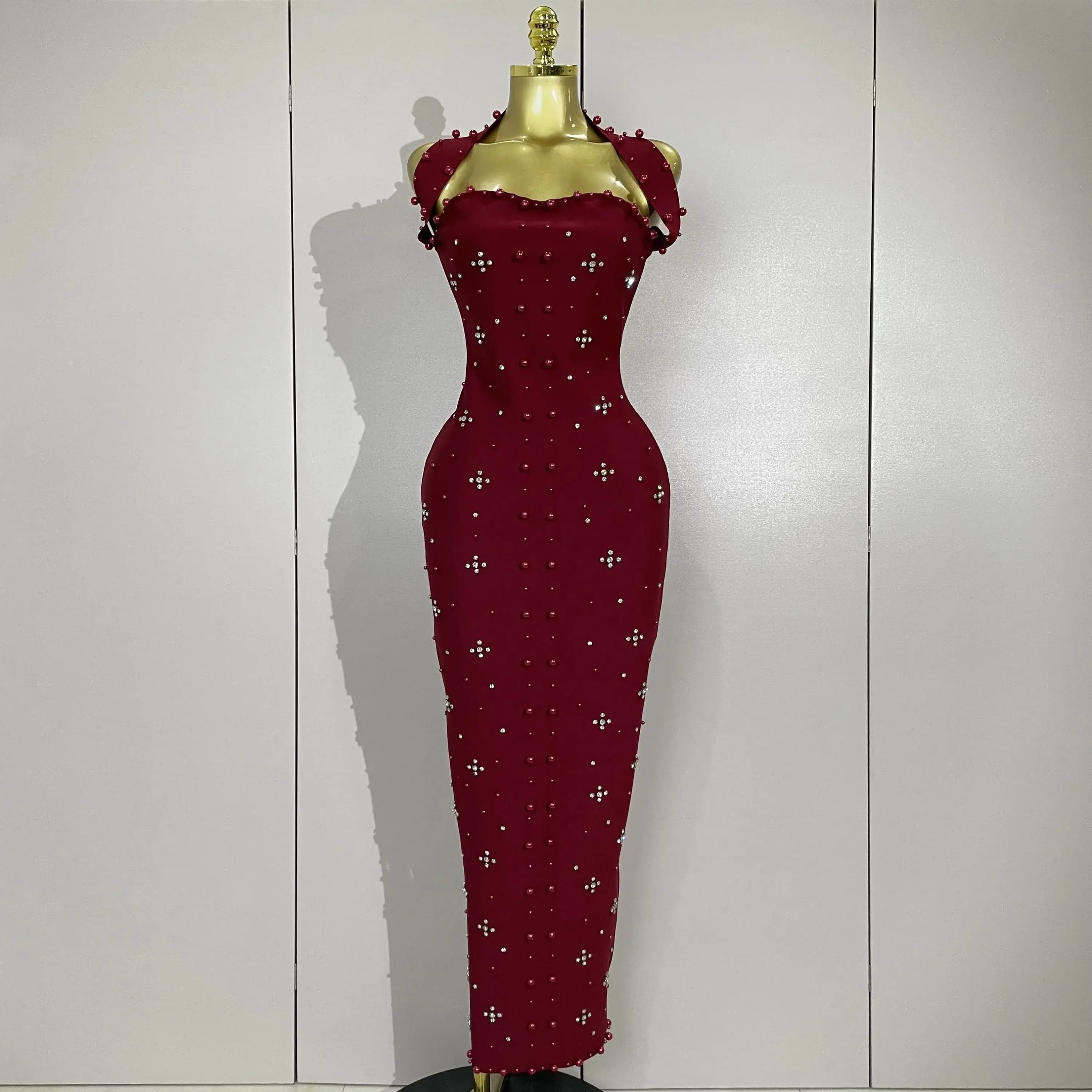 2025 Donne scintillanti strass perla senza maniche aderente fasciatura abito lungo da sera club party eleganti abiti di compleanno di lusso