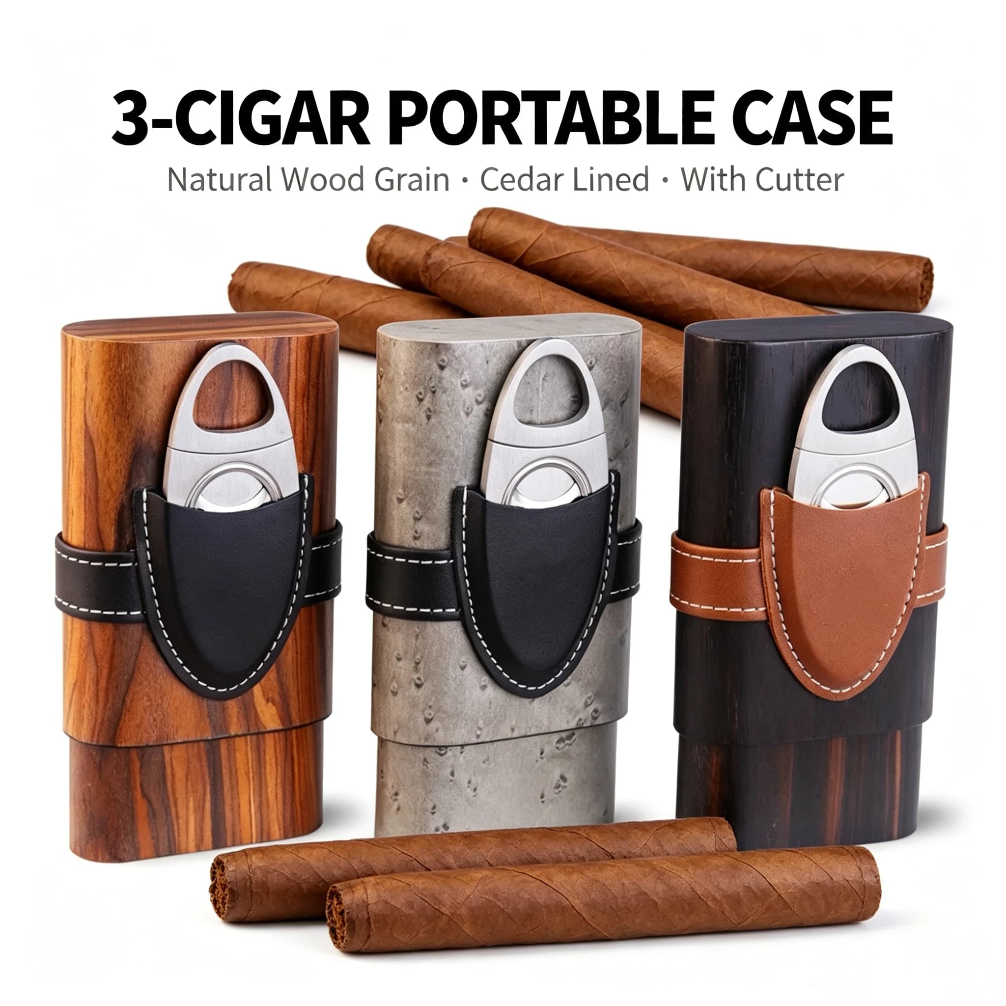 Portable Three Pack Wooden Cigar Box With Cedar Wood Lining For Moisturizing Cigar Protection, Equipped With Cigar Clippers.