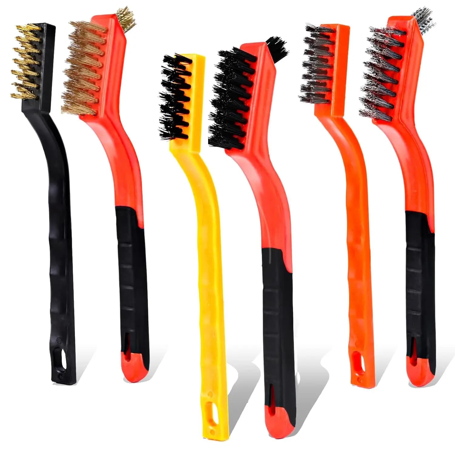 Set di 6 Spazzole Metalliche per Rimozione Ruggine, Acciaio Inox/Ottone/Nylon, Manico Arcuato, per Pulizia Fessure