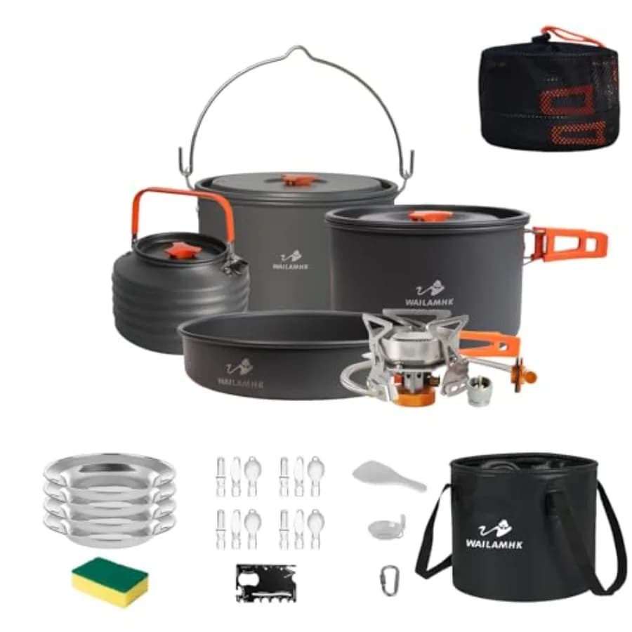 Set da Cucina da Campeggio con Fornello da 3500W, Pentola Sospesa da 7L, Secchio per Acqua da 10L e Set di Stoviglie per Campeggio e Escursionismo all'Aperto