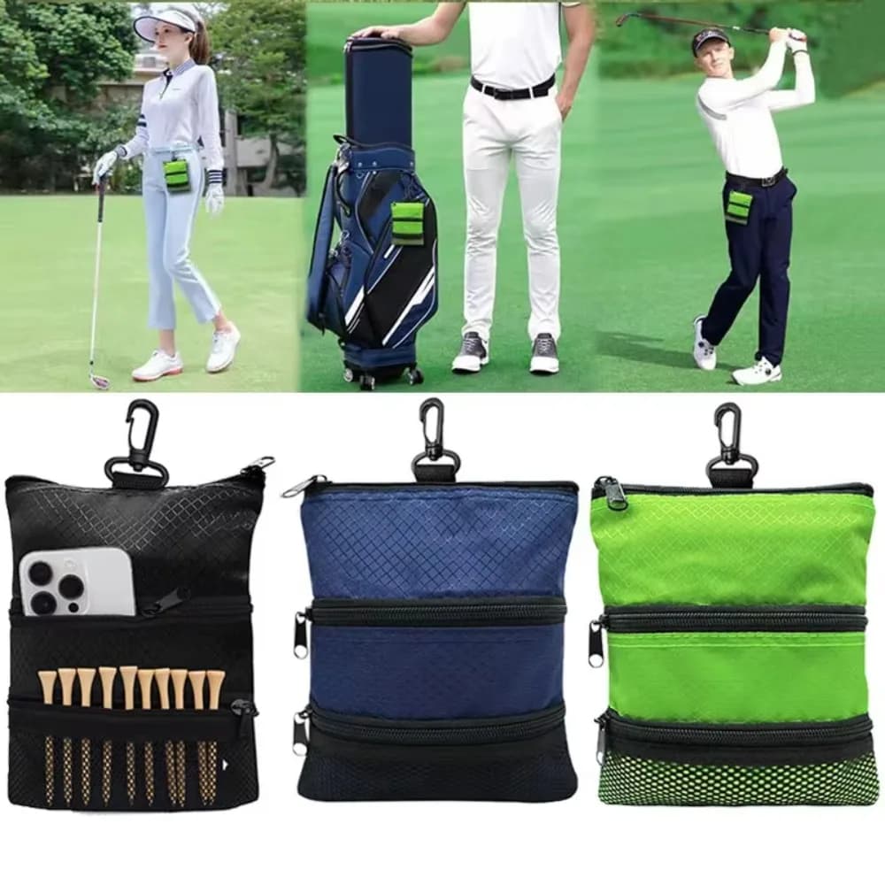 Portable Golf Tee Pouch 3 Compartments Zipper Golf Accessories Bag Waist Clip Golf Ball Tee Holder for Outdoor Golf Training