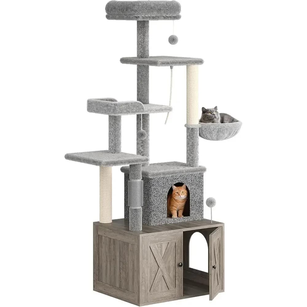 Large Multi-Level Cat Playhouse with Litter Box Enclosure, Condo, Hammock, Perch, Scratching Post, and Balls - Grey Wooden Cat F