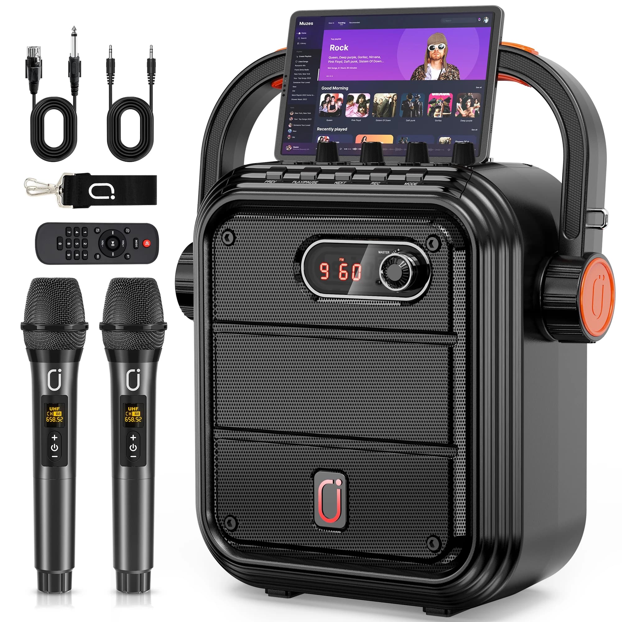 Macchina per Karaoke con 2 Microfoni Wireless, Altoparlante Bluetooth PA, Controllo Alti/Bassi con Luci Disco RGB, Accoppiamento Stereo TWS