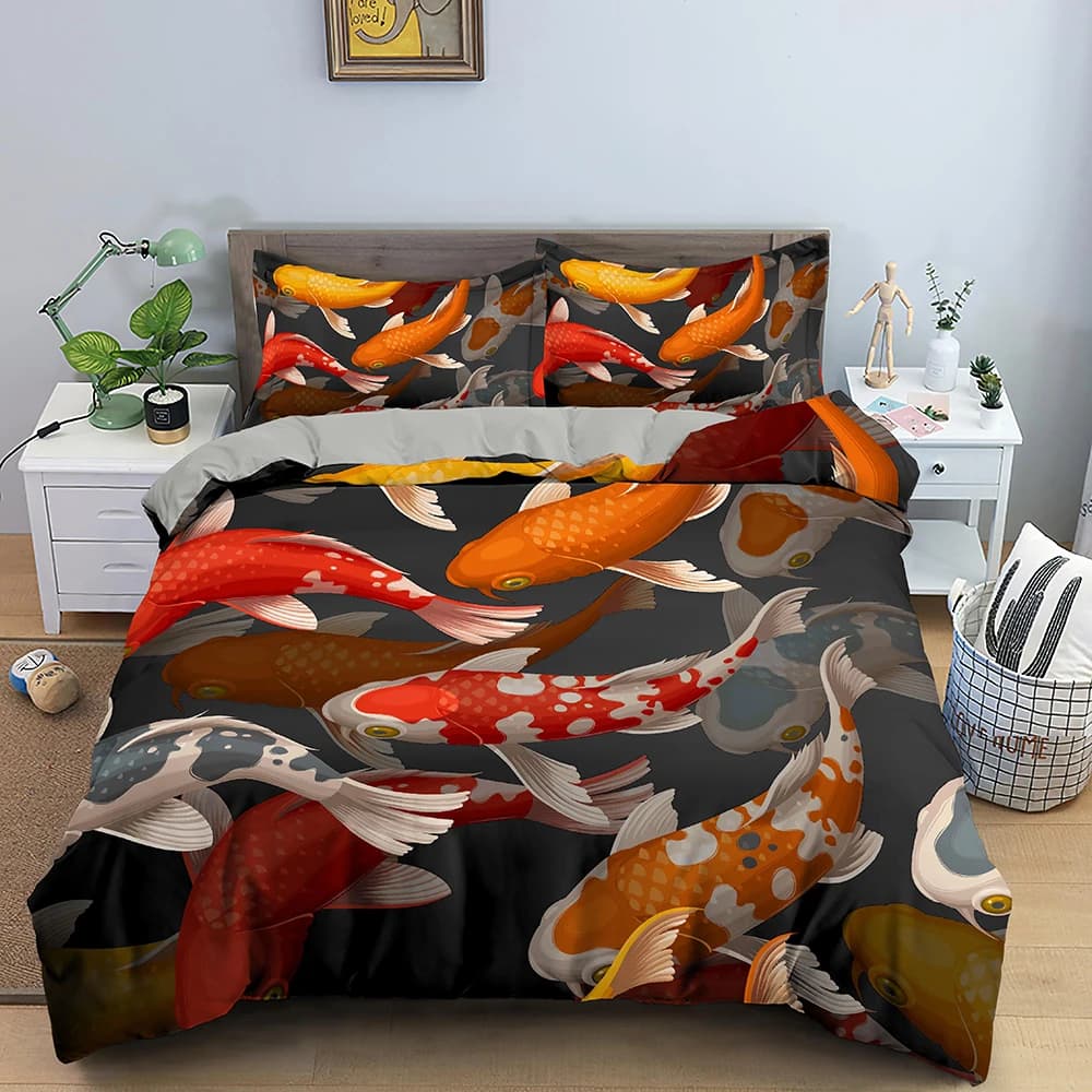 Copripiumino Goldfish King/Queen Size Set di biancheria da letto per animali 3D rosso dorato per bambini adolescenti adulti, copripiumino a tema pesce con federa