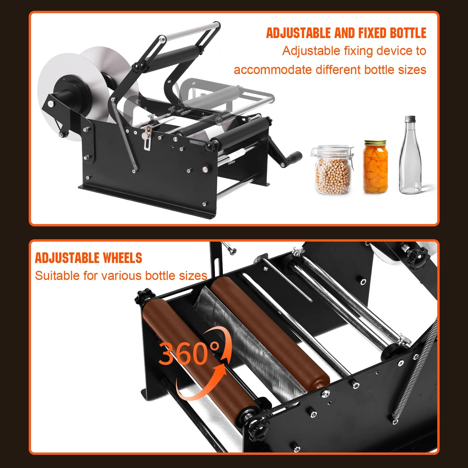 Etichettatrice Manuale Regolabile per Bottiglie Rotonde con Maniglia, Applicatore di Etichette per Bottiglie in Vetro, Plastica e Metallo