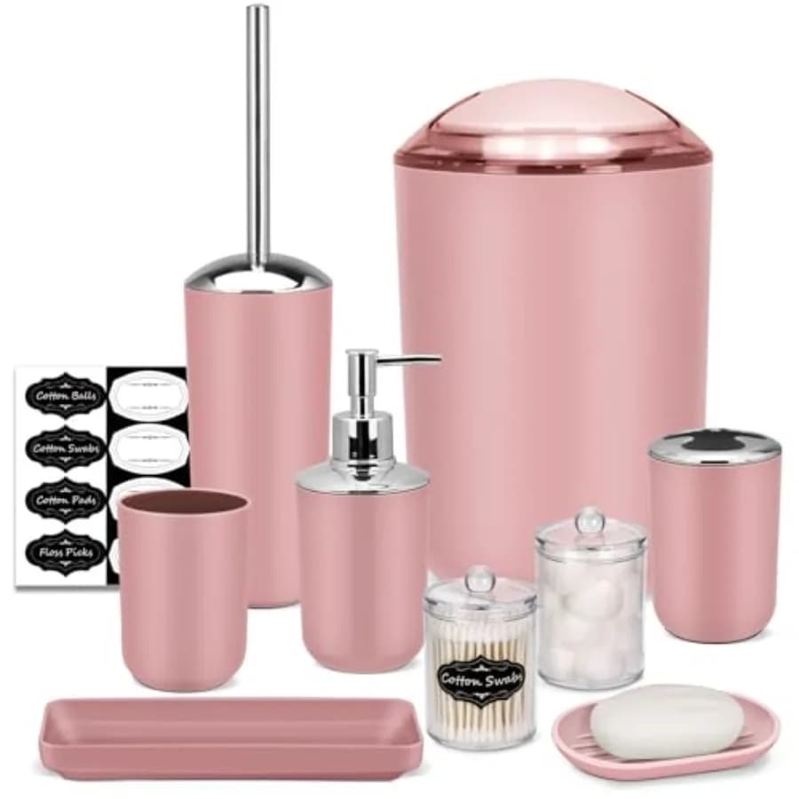 Set di Accessori per Bagno, 9 Pezzi, con Portaoggetti, Porta Cotonetti, Scopino per WC, Cestino per Rifiuti, per Arredo Bagno