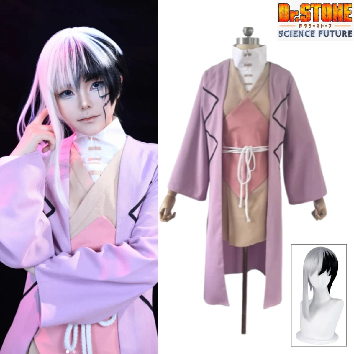 Costume Cosplay Mentaleste Gen Asagiri Dr. STONE - Set Completo Cappotto da Mago Viola con Parrucca Nera e Argento per Uomo - Halloween