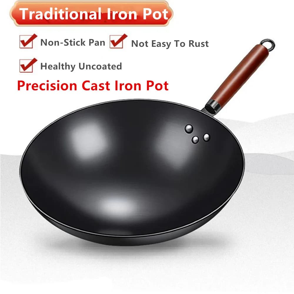 30/32cm Uncoated Handmade Chinese Iron Wok Round Bottom Deep Frying Pan Household Cookware For Gas Stove