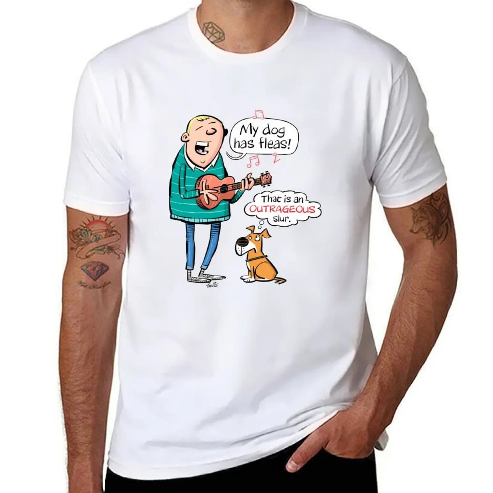 T-shirt con stampa divertente di un cane cartone animato con zecche, stile casual