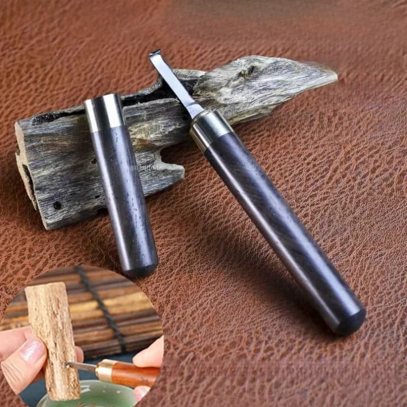 Coltello a gancio in legno di agar Manico in legno massello Testa di coltello in acciaio pregiato Gancio Raschietto per filo Taglio e scavo di polvere Strumento per incenso di spezie